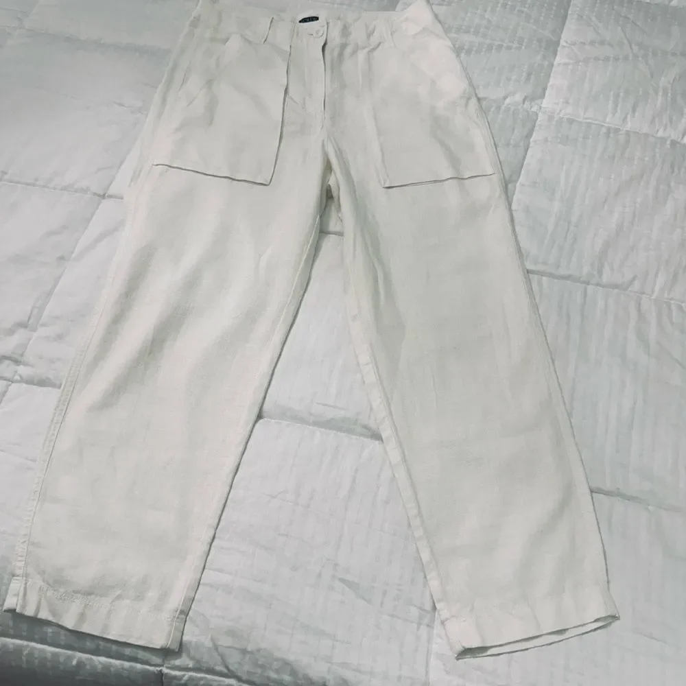 J.Crew Linen Lyocell Utility Pants 6P Ivory Tapered Pocket Front Flat Front